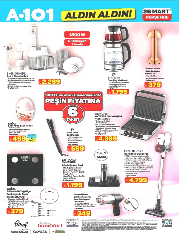 YENİ A101 BROŞÜRÜ Sayfa Sayfa A101 aktüel ürünler kataloğu 26 Mart 2026 Perşembenin ürünleri ve fiyatları: Mutfak, banyo, bahçe, giyim kategorileri